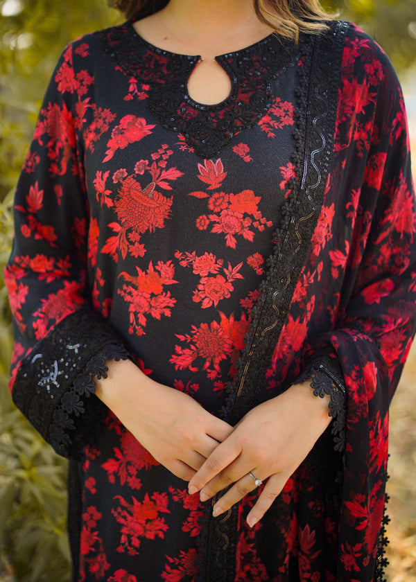 ANEELAS DREAMY BLACK RED LAWN EMBROIDERED WITH CHIFFON DUPPATA