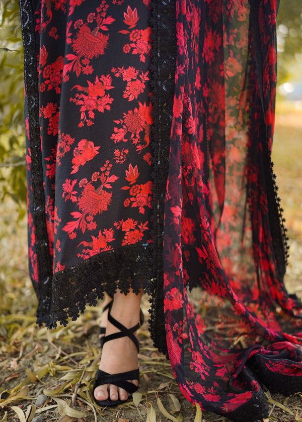 ANEELAS DREAMY BLACK RED LAWN EMBROIDERED WITH CHIFFON DUPPATA