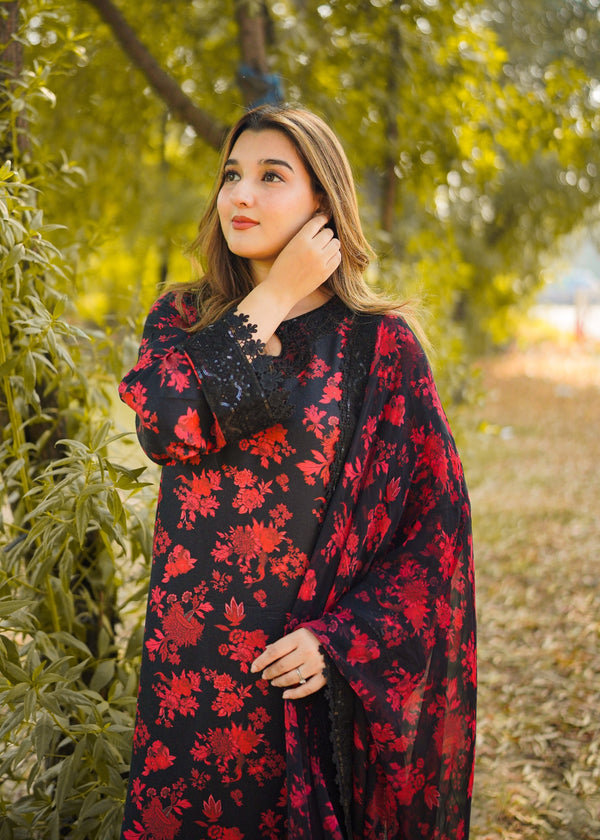 ANEELAS DREAMY BLACK RED LAWN EMBROIDERED WITH CHIFFON DUPPATA