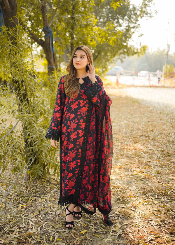 ANEELAS DREAMY BLACK RED LAWN EMBROIDERED WITH CHIFFON DUPPATA