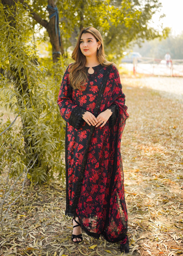 ANEELAS DREAMY BLACK RED LAWN EMBROIDERED WITH CHIFFON DUPPATA