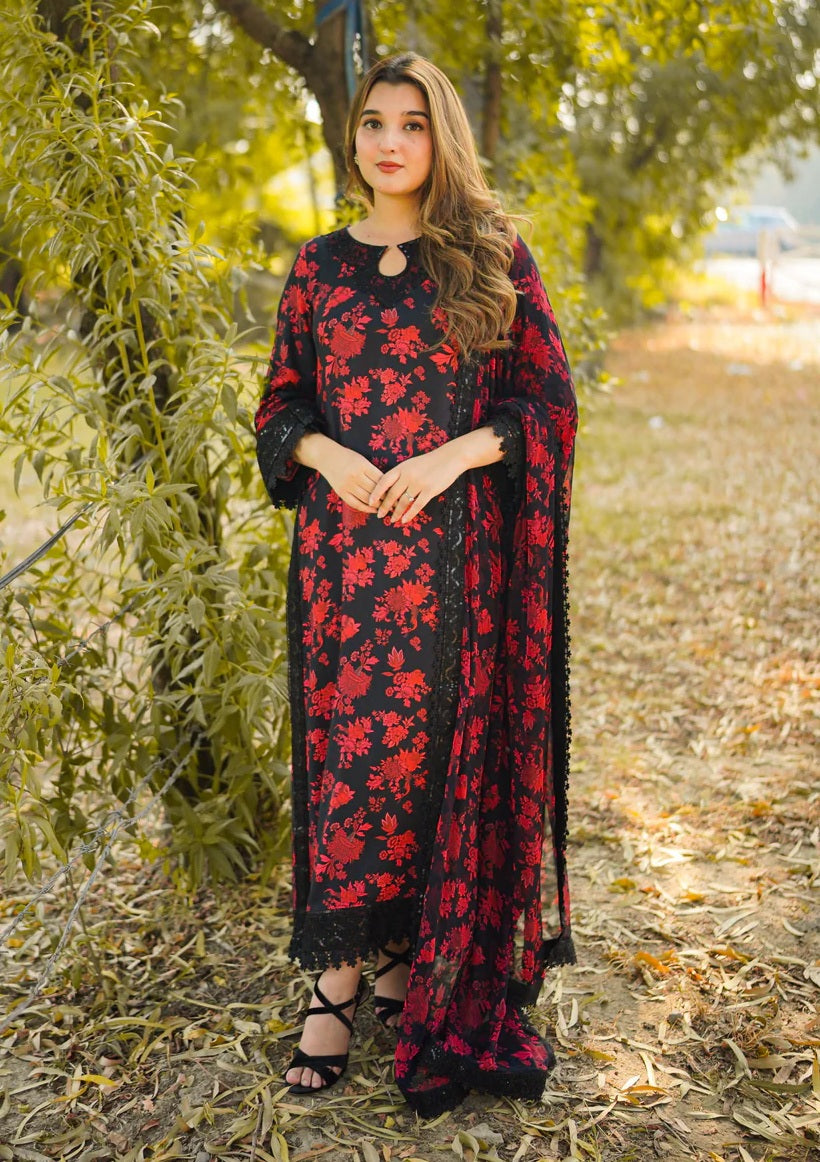 ANEELAS DREAMY BLACK RED LAWN EMBROIDERED WITH CHIFFON DUPPATA