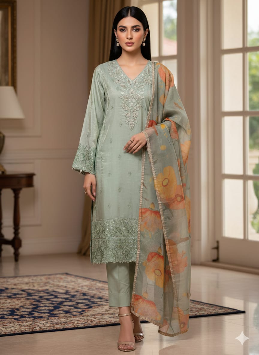 Shimmery Silk 3-Piece with Organza Dupatta
