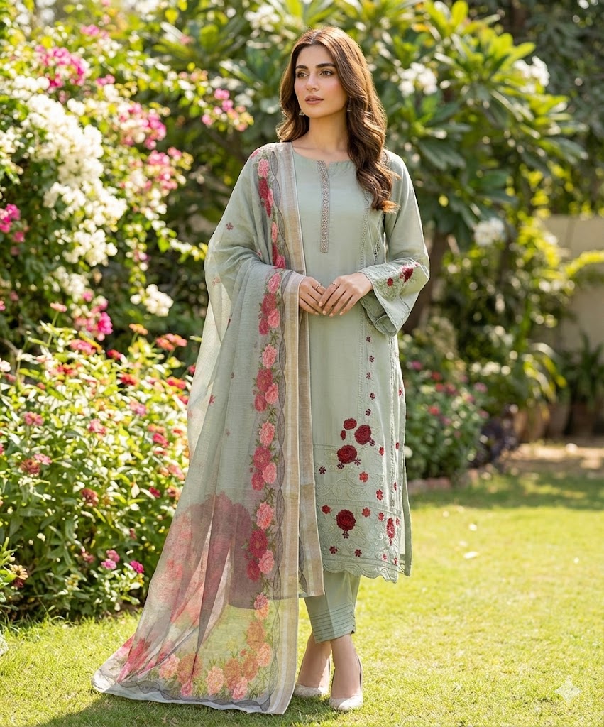 CHAHAT – Unstitched Silk-Cotton 3-Piece Set with Cotta Silk Dupatta